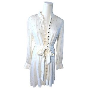 Zara Women's Gauzey White and Gold Heart Button Up Tie Waist Dress Sz‎ XS